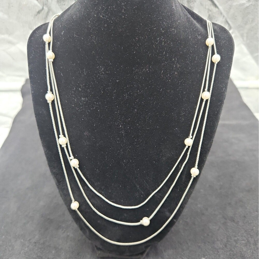 Necklace Chico's Silver Tone Triple Layered Strand Faux Pearl Statement VTG